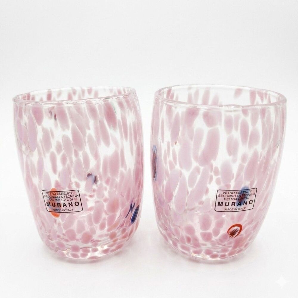 2 Murano Pink Confetti Glass Tumblers Italy Hand Blown Goto Goti Cups Barware
